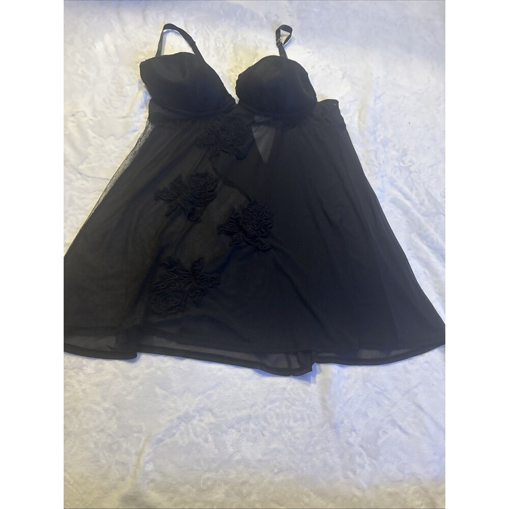 Cacique Babydoll Slip Size 18/20 Black Sheer Embroidered - Picture 2 of 8